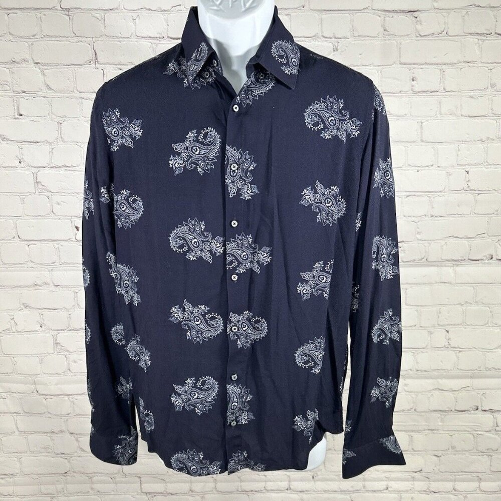 Politix Friday Night Shirt Navy Blue Paisley Long Sleeve Button Up Shirt Men’s S